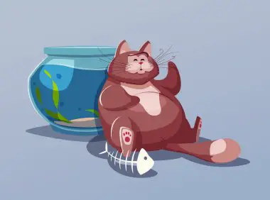Vector illustraton of a resting cat after eating a raw goldfish